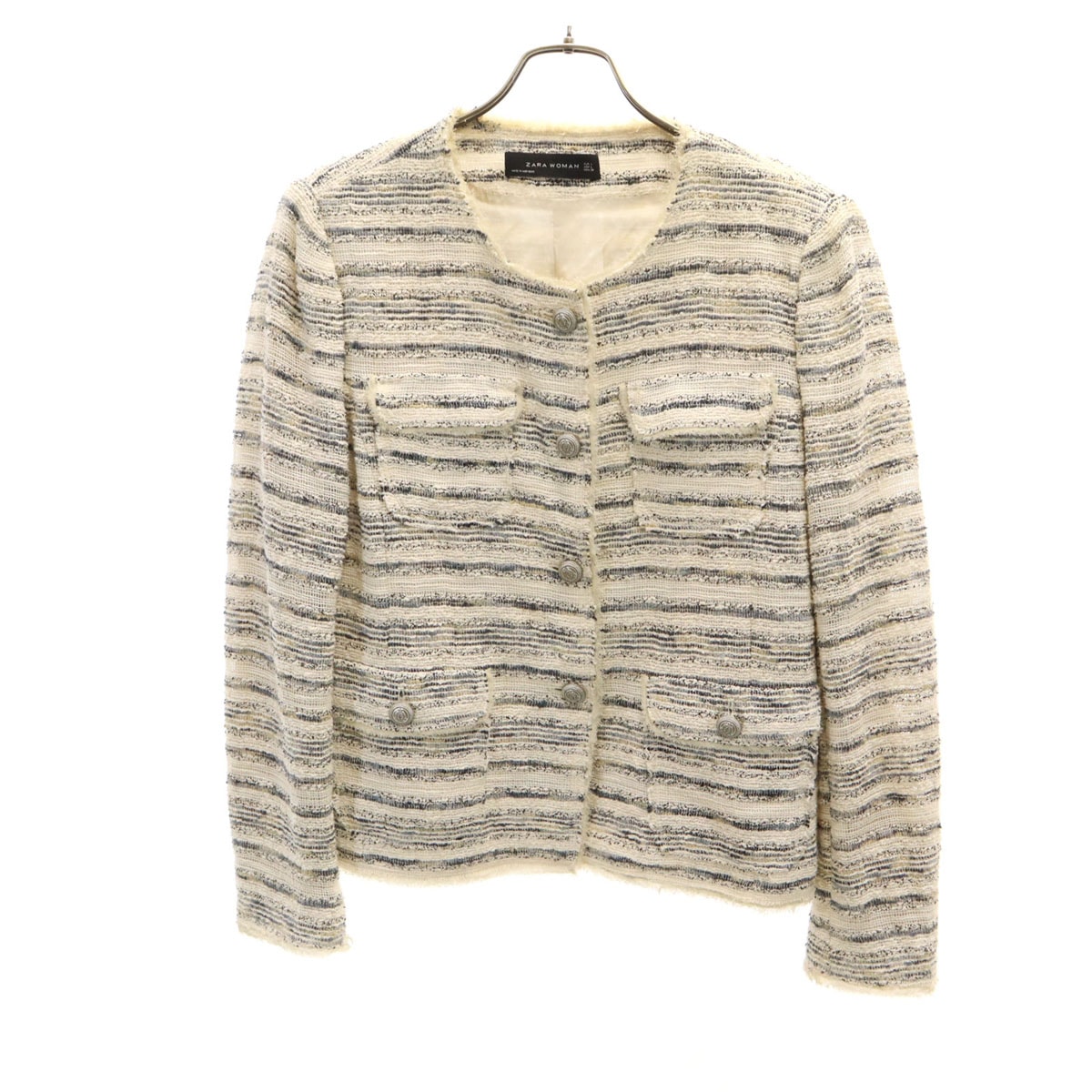 ZARA WOMAN ザラウーマン ボーダー柄 ツイード ノーカラージャケット L アイボリー
