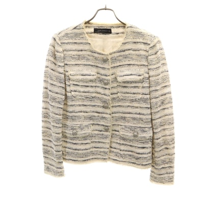 ZARA WOMAN ザラウーマン ボーダー柄 ツイード ノーカラージャケット L アイボリー