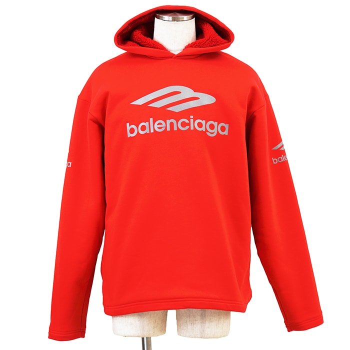 【未使用】BALENCIAGA バレンシアガ スウェット サイズ L メンズ 2023年製 パーカー ロゴ プリント スキーウェア コットン100% ボアライニング フーディー トップス タグ付属 レッド グレー 灰色 赤 ポルトガル製