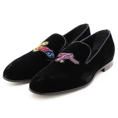 SALE【美品】LOUIS VUITTON ルイ・ヴィトン ローファー オートゥイユライン ベロア ベルベット ロゴ レインボーワッペン レザーソール スリッポン シューズ 靴 メンズ サイズ 8 1/2 ブラック 黒 イタリア製