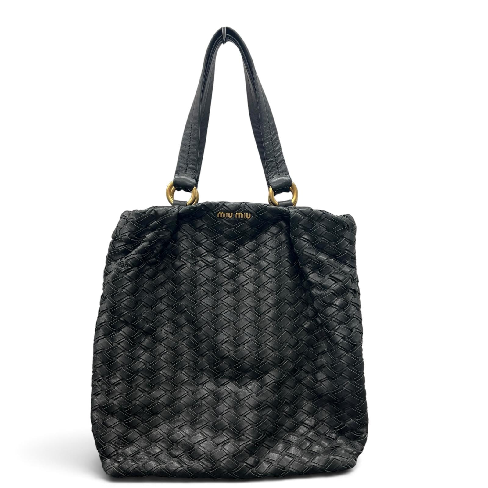 miumiu 希少 美品 ミュウミュウ イントレッチオ ロゴ トートバッグ レザー ブラック 肩掛け ハンドバッグ 編み込み ABランク 中古 鑑定済 ミュウミュウバッグ
