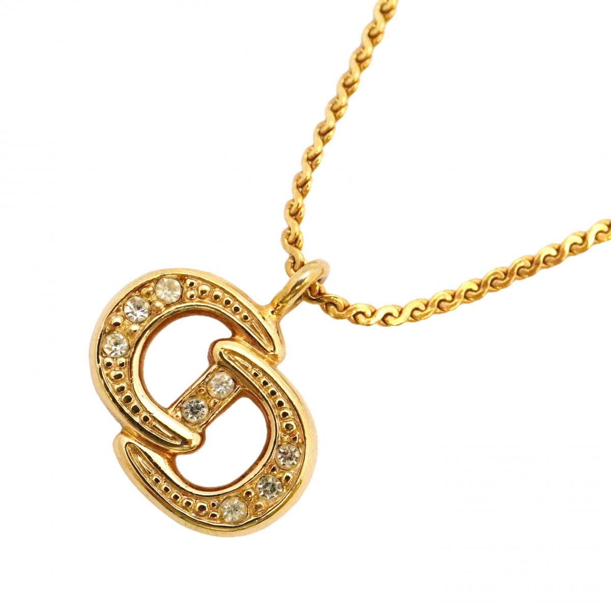 【6jdb0432-k】クリスチャンディオール ネックレス CDロゴ GPメッキ ラインストーン ゴールド【中古】レディース