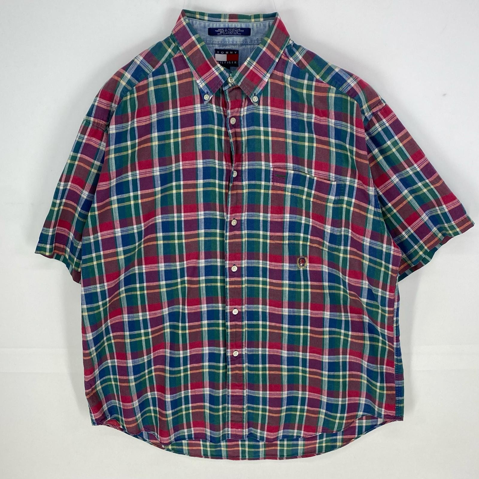 古着 90's/90年代 トミーヒルフィガー TOMMY HILFIGER 半袖シャツ ボタンダウン 旧ロゴ刺繍 L レッド系 チェック メンズ