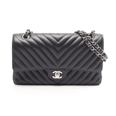 シャネル CHANEL シェブロン Vステッチ Wフラップ ショルダーバッグ バッグ キャビアスキン(グレインドカーフ) レディース ブラック系 A01166 【中古】