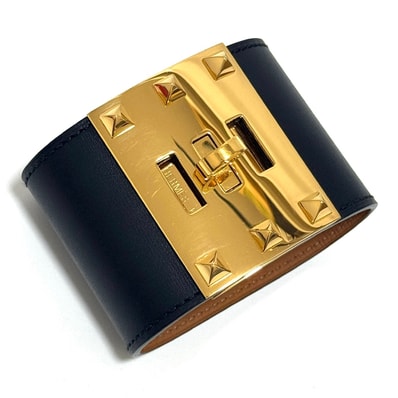 エルメス ケリー ドッグ ブレスレット バングル ブラック 黒 ゴールド レザー 本革 スタッズ アクセサリー Kelly Dog HERMES