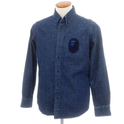 【中古】アベイシングエイプ A BATHING APE コットン デニム ボタンダウン カジュアルシャツ ネイビー【サイズM】【メンズ】