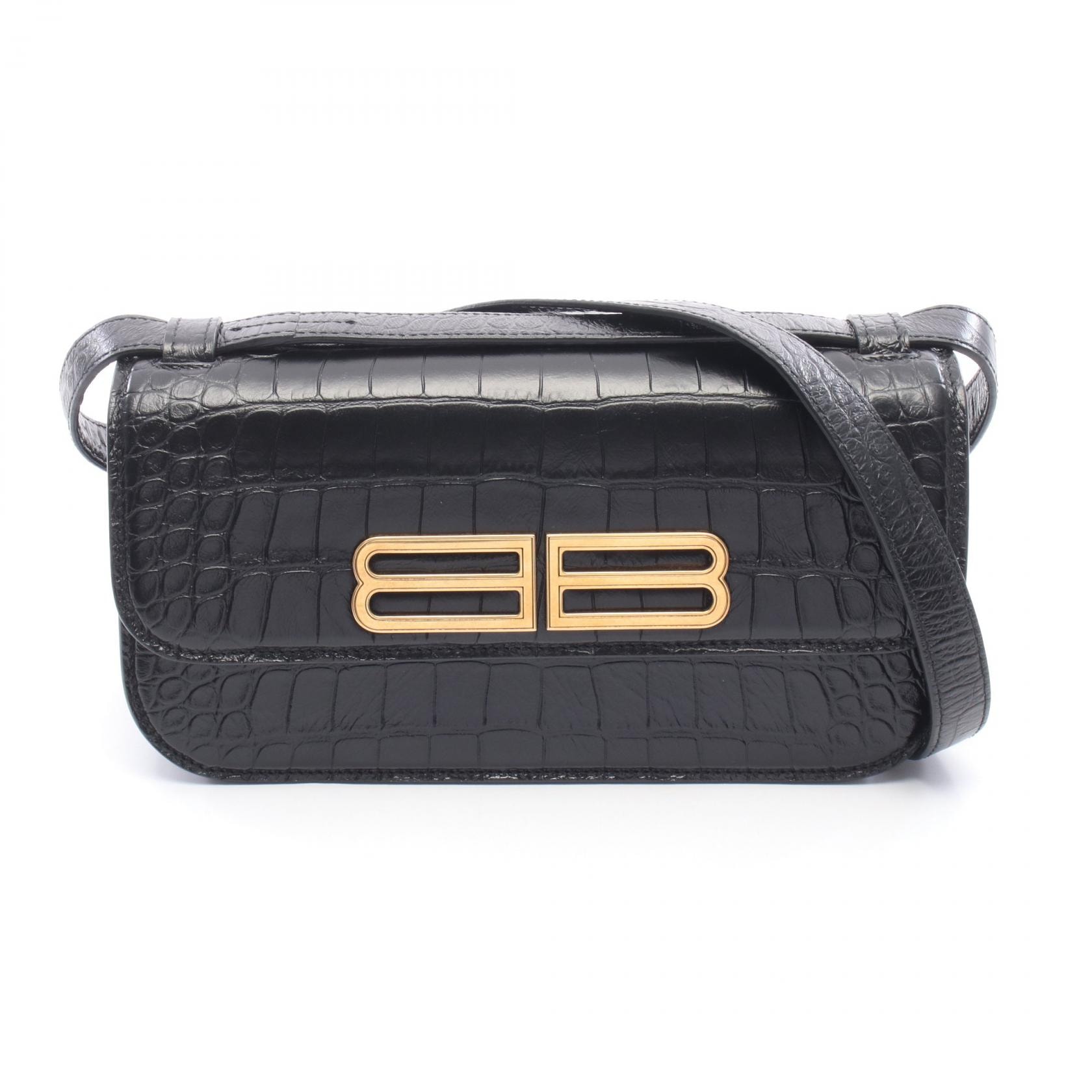 バレンシアガ BALENCIAGA GOSSIP ゴシップ クロコ型押し ショルダーバッグ バッグ レザー レディース ブラック系 674693 【中古】