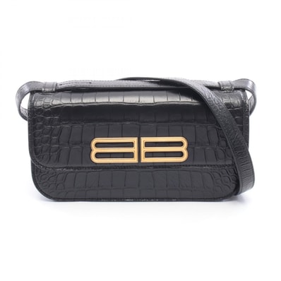 バレンシアガ BALENCIAGA GOSSIP ゴシップ クロコ型押し ショルダーバッグ バッグ レザー レディース ブラック系 674693 【中古】