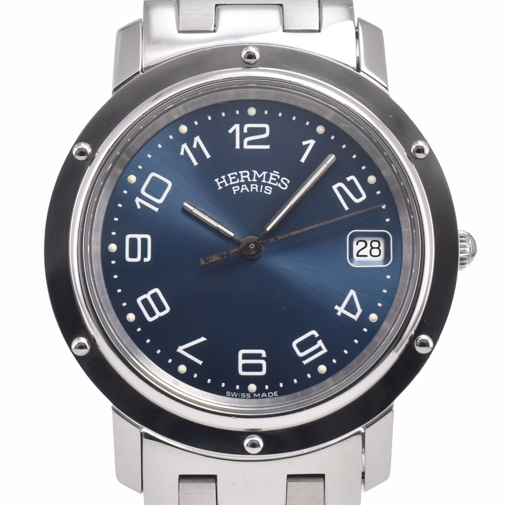 エルメス HERMES CL6.710 クリッパー デイト SS ブルー クォーツ メンズ 良品 腕時計 A#149234