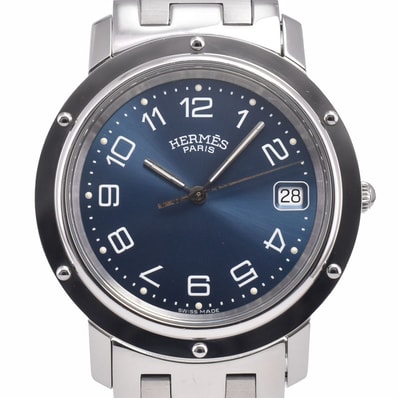 エルメス HERMES CL6.710 クリッパー デイト SS ブルー クォーツ メンズ 良品 腕時計 A#149234