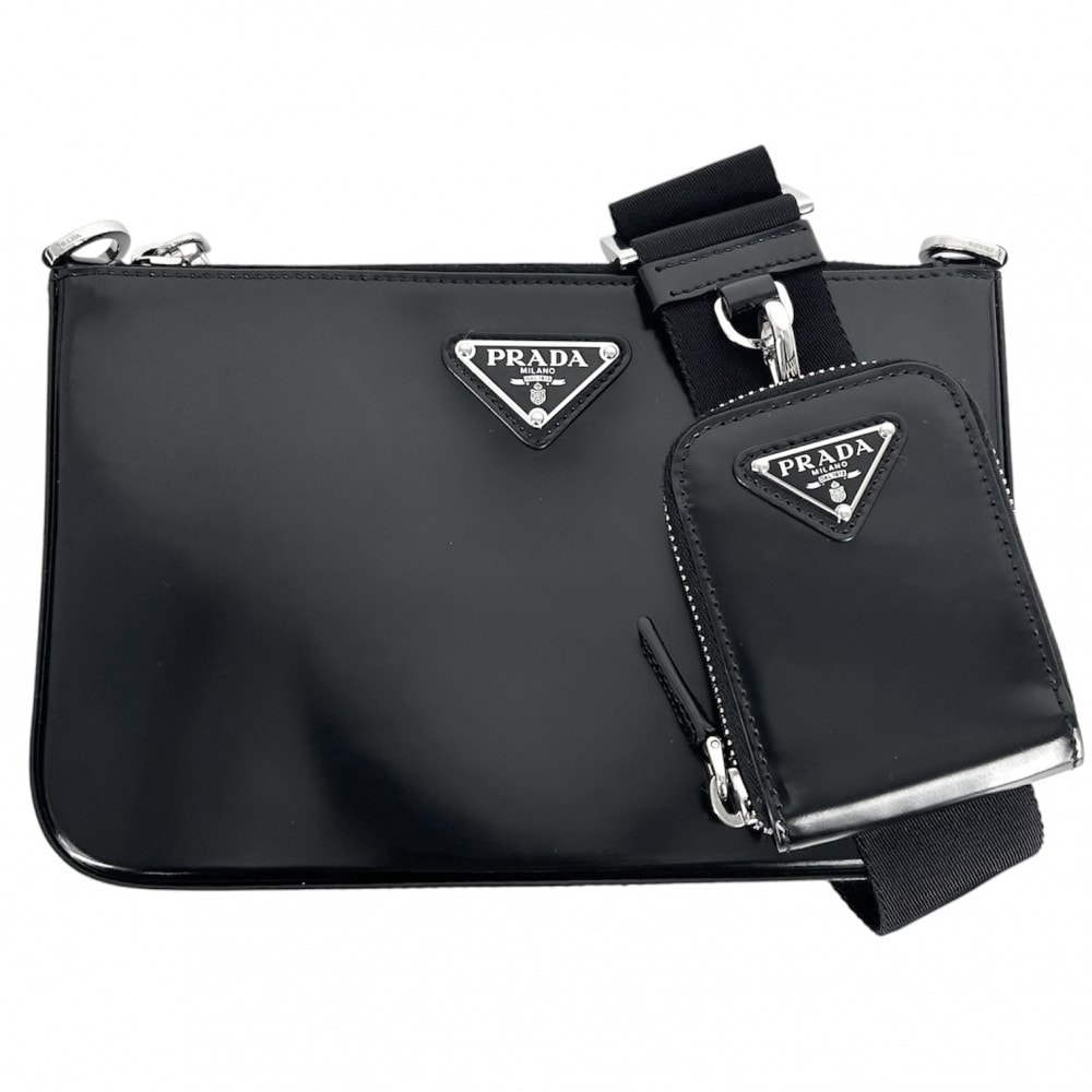 PRADA プラダ ショルダーバッグ トライアングルロゴ ポーチ付き 肩掛け 斜め掛け かばん 鞄 2VH129 レザー    ブラック 黒 シルバー金具 レディース 美品【中古品】