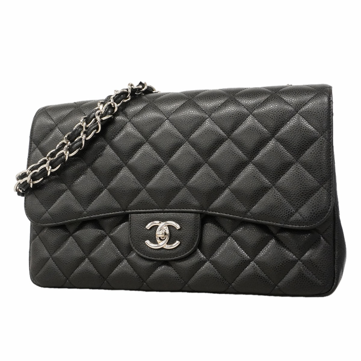 【6hd3064-h】シャネル ショルダーバッグ デカマトラッセ Wチェーン キャビアスキン ブラック シルバー金具【中古】レディース