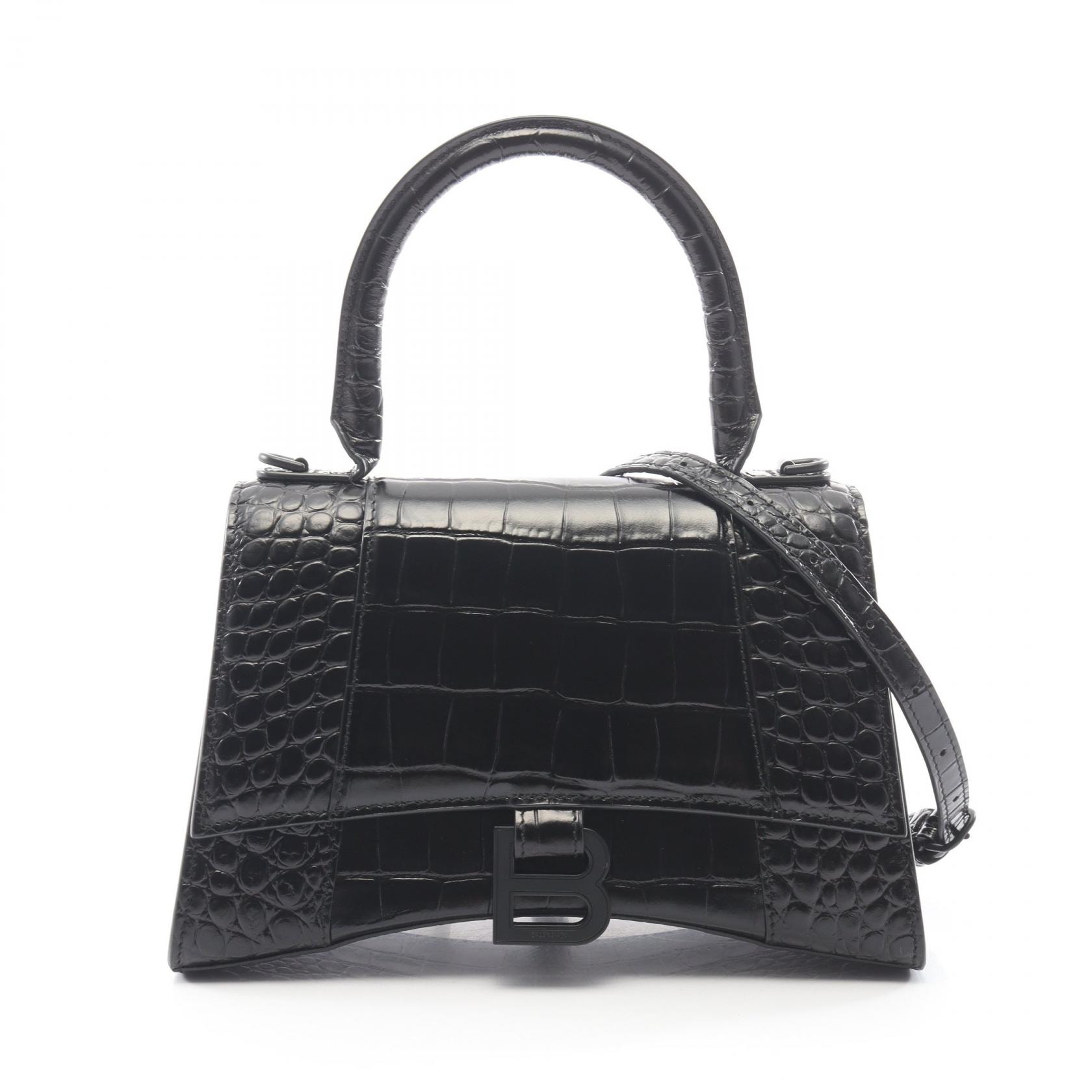 バレンシアガ BALENCIAGA アワーグラス スモール クロコ型押し 2WAY ハンドバッグ バッグ レザー レディース ブラック系 【中古】