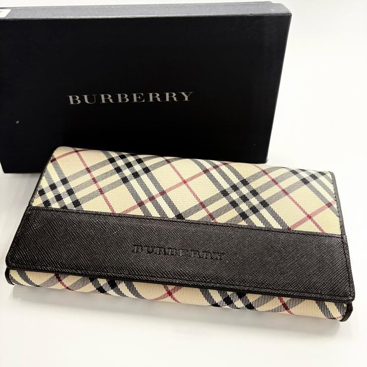 バーバリー BURBERRY ロゴ ノバチェック フラップ長財布 キャンバス レザー ベージュ ブラック 【鑑定済み】正規品