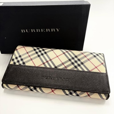 バーバリー BURBERRY ロゴ ノバチェック フラップ長財布 キャンバス レザー ベージュ ブラック 【鑑定済み】正規品