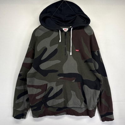 古着 リーバイス Levi's ハーフジップ スウェット カモフラ ワンポイントロゴ プルオーバー XL ブラック メンズ