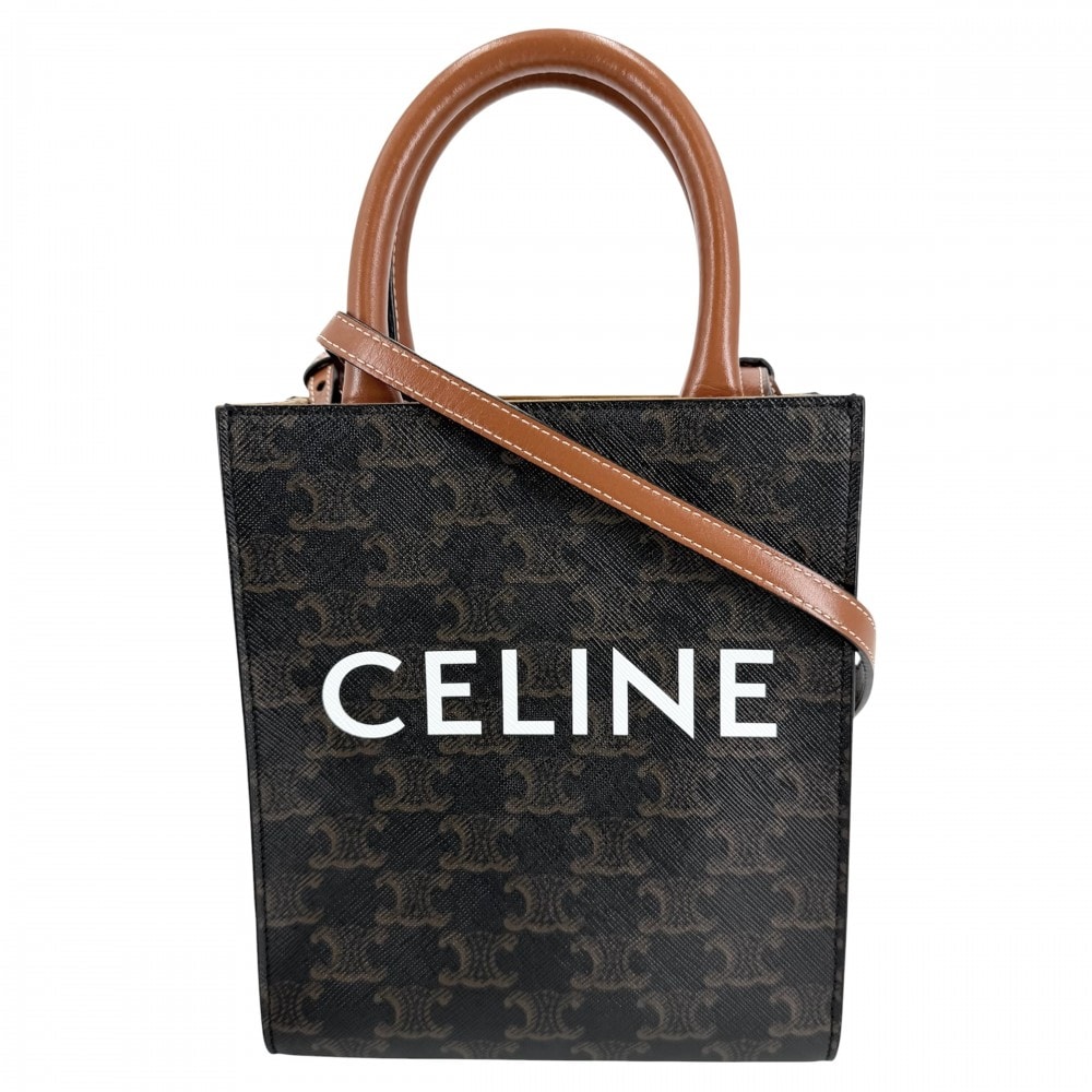 CELINE セリーヌ 2WAY ミニ バーティカルカバ ショルダーバッグ ハンドバッグ 肩掛け 斜め掛け ロゴ タン 194372BZK.04LU レザー  コーティングキャンバス   ブラウン 茶 ゴールド金具 レディース【中古品】