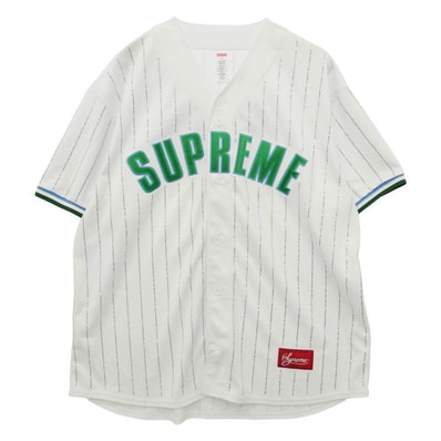 Supreme シュプリーム 22SS Rhinestone Stripe Baseball Jersey アーチロゴ ラインストーン ストライプ ベースボール 半袖 シャツ ホワイト系 XL【中古】