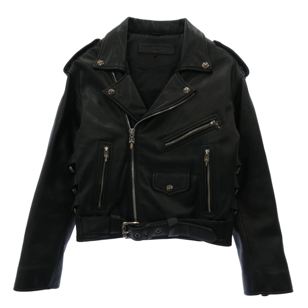 CHROME HEARTS クロムハーツ(原本無) ライダースジャケット JJ DEAN JJディーン スクロールサイドダブルバックル クロスボールボタン ダガージップ ローラーベルト レザー ライダース ジャケット ブラック系 S【中古】