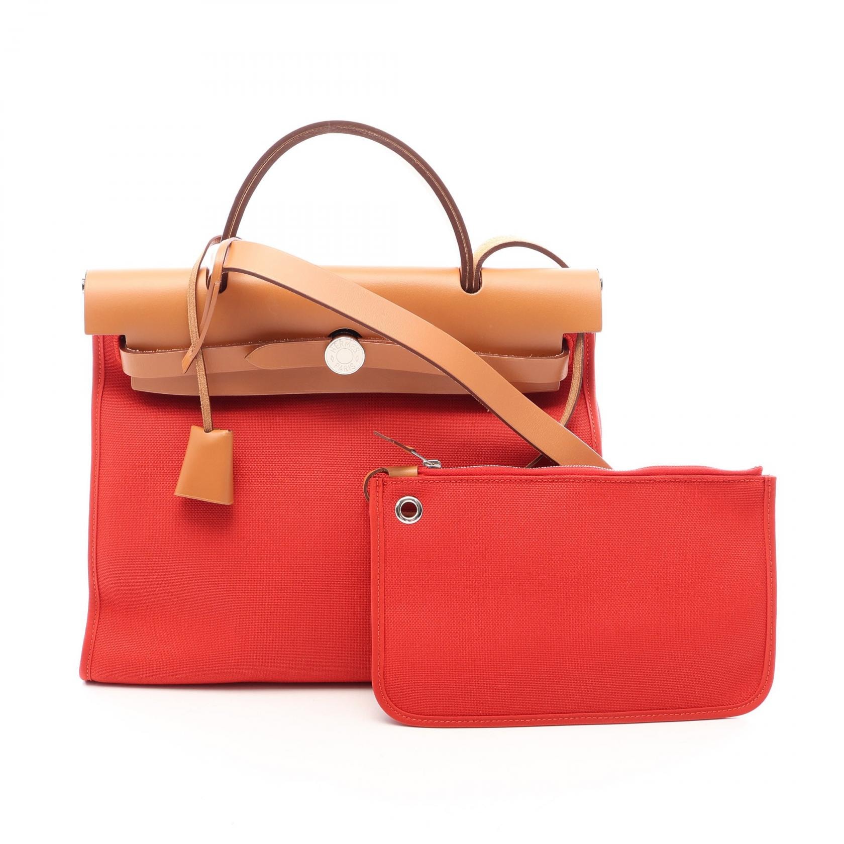 エルメス HERMES エールバッグジップ 2WAY ハンドバッグ バッグ キャンバス レザー トワルミリタリー / ヴァッシュハンター トワルミリタリー カプシーヌ A刻印(2017年製造) レディース レッド系 / ブラウン系
