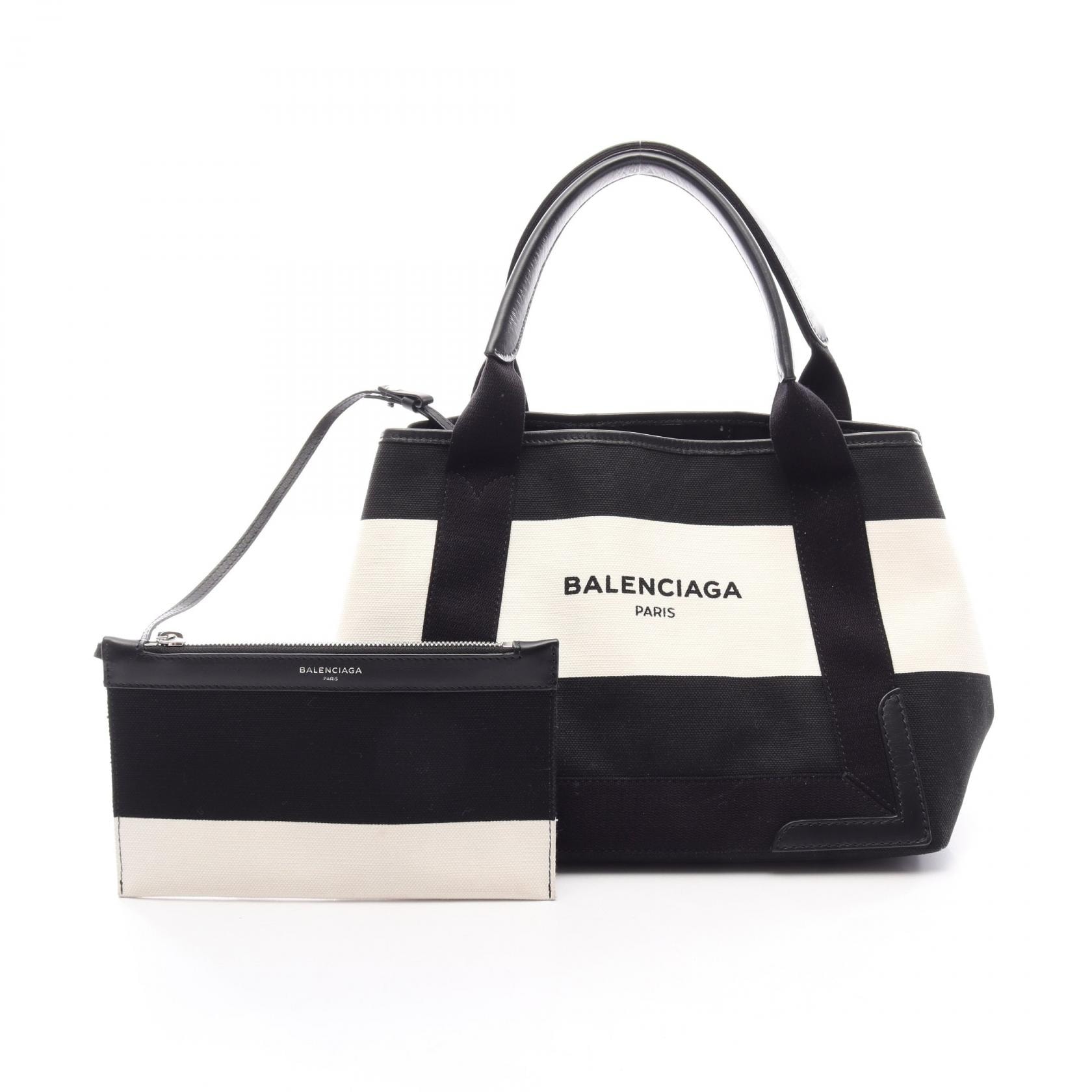 バレンシアガ BALENCIAGA NAVY CABAS S ネイビーカバ 2WAY トートバッグ バッグ キャンバス レザー レディース ホワイト系 / ブラック系 339933 【中古】