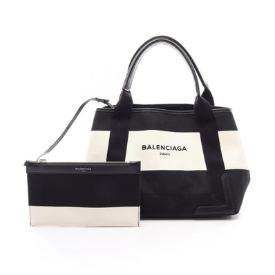 バレンシアガ BALENCIAGA NAVY CABAS S ネイビーカバ 2WAY トートバッグ バッグ キャンバス レザー レディース ホワイト系 / ブラック系 339933 【中古】