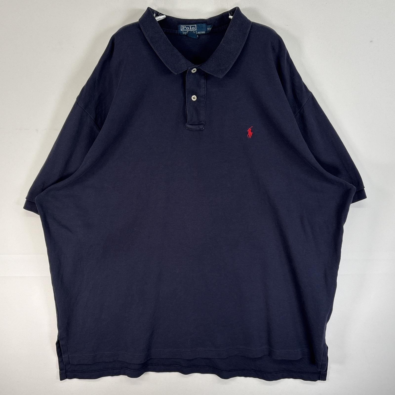 古着 90's/90年代 ポロバイラルフローレン Polo by Ralph Lauren 半袖 ポロシャツ ロゴ 刺繍 大きいサイズ 2ボタン 14041  ネイビー 無地 メンズ