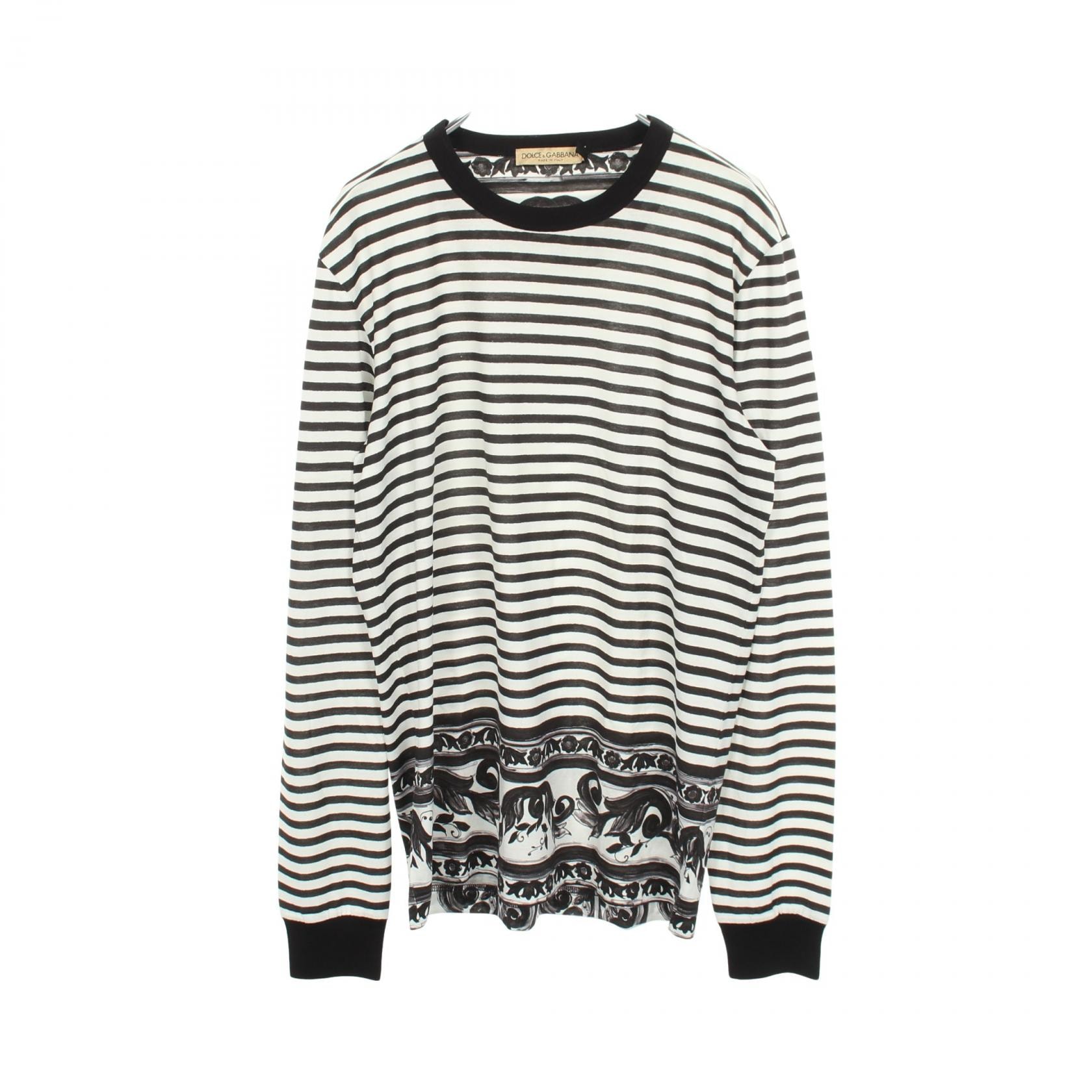ドルチェアンドガッバーナ DOLCE & GABBANA ボーダー クルーネック 長袖Tシャツ 衣料品 トップス コットン メンズ ブラック系 / ホワイト系 【中古】
