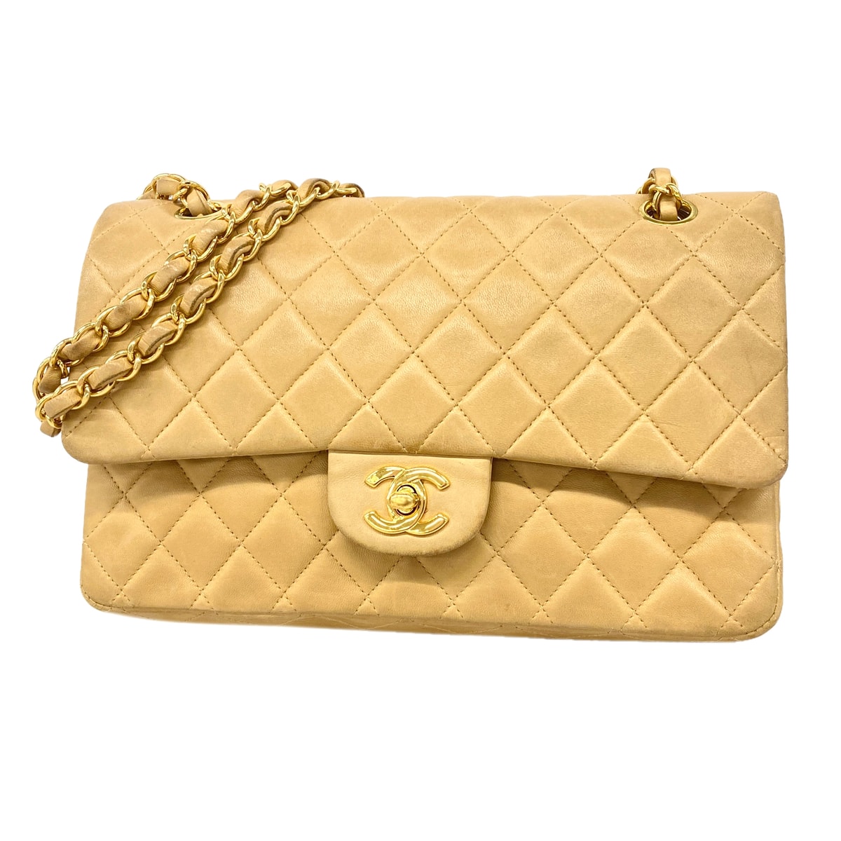 ★最終価格★SALE【6hb0473】シャネル ショルダーバッグ マトラッセ Wフラップ Wチェーン ラムスキン ベージュ ゴールド金具【中古】レディース