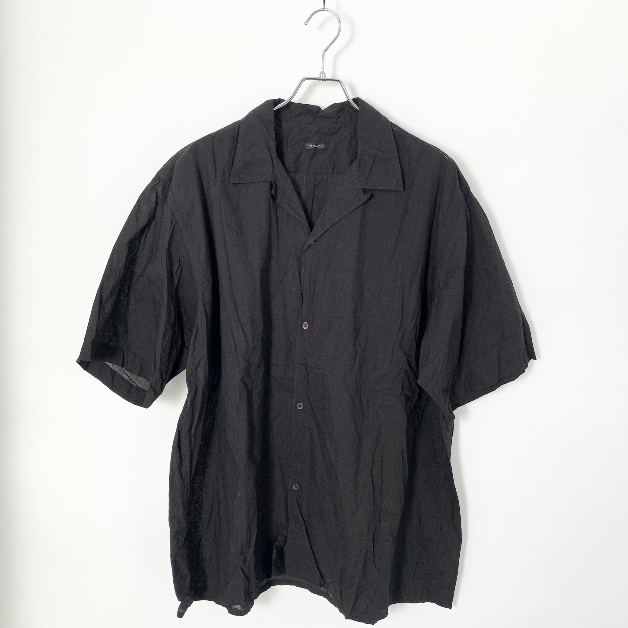 COMOLI KHADI Cotton Short Sleeve Open Collar Shirt "Black"