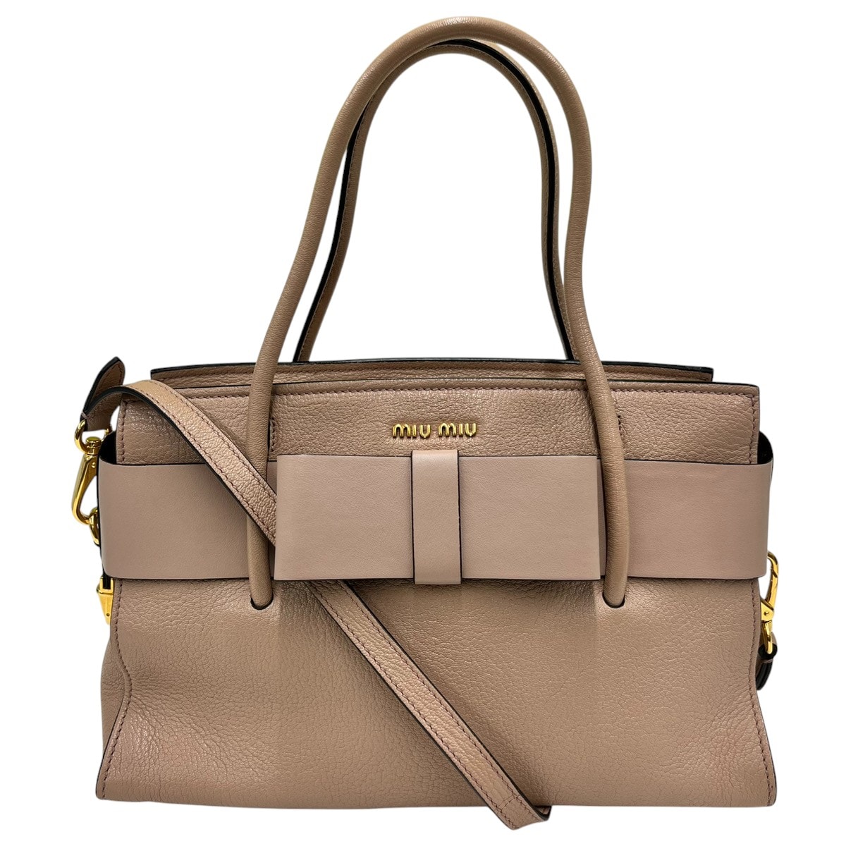 miumiu 希少 美品 ミュウミュウ マドラス フィオッコ 2way ハンドバッグ ショルダーバッグ 5BA056 レザー ベージュ リボン クロスボディ トートバッグ ABランク 中古 鑑定済 ミュウミュウバッグ