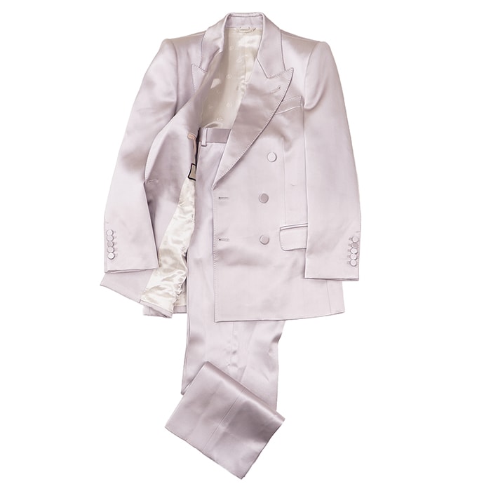 【美品】GUCCI グッチ セットアップ サイズ 46 レディース ジャケット スラックス サテン テーラード ダブルブレスト ピークドラペル センターベント ロゴフルライニング フォーマル スーツ ガーメント付属 シャンパンピンク 桃色 イタリア製