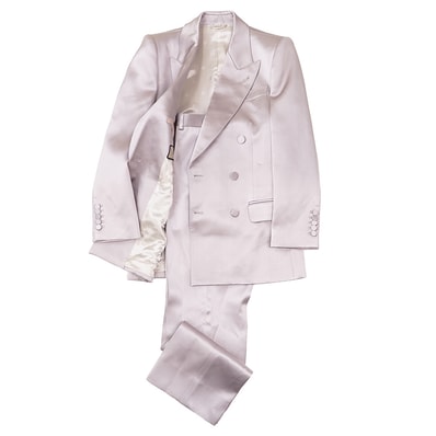 【美品】GUCCI グッチ セットアップ サイズ 46 レディース ジャケット スラックス サテン テーラード ダブルブレスト ピークドラペル センターベント ロゴフルライニング フォーマル スーツ ガーメント付属 シャンパンピンク 桃色 イタリア製