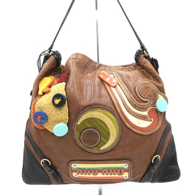 MIU MIU(ミュウミュウ)Sixty シックスティ ヴィンテージ ショルダーバッグ パッチ ピン装飾 ブラウン レザー ブラック ゴールド金具 レディース【中古】