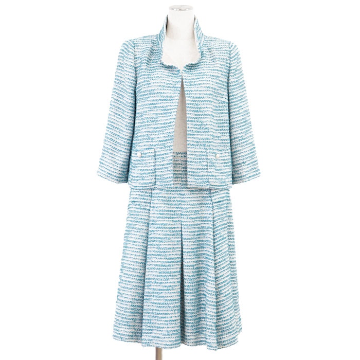 【美品】 シャネル 01P ツイード ジャケット スカート セットアップ レディース ターコイズブルー シルバー 40 CHANEL