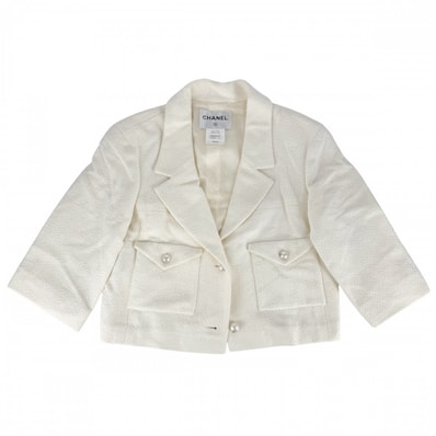 CHANEL シャネル アウター ロゴボタン パールボタン ジャケット アパレル 服 42 アイボリー ゴールド金具 コットン シルク レディース【中古品】
