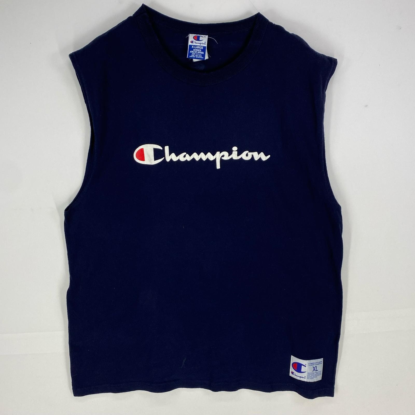 古着 90's/90年代 チャンピオン Champion USA製 タンクトップ ビッグロゴ クルーネック ノースリーブ XL ネイビー系 プリント メンズ