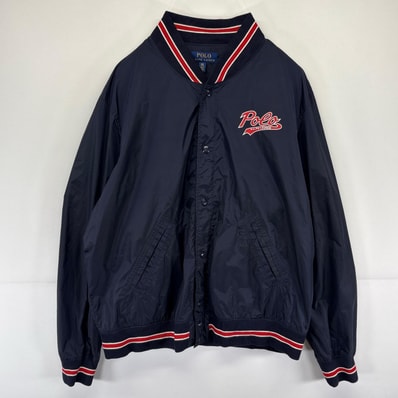 古着 ポロ・ラルフローレン POLO RALPH LAUREN ジャケット ベースボール プリント 大きいサイズ スタジャン 2XL ネイビー系 メンズ