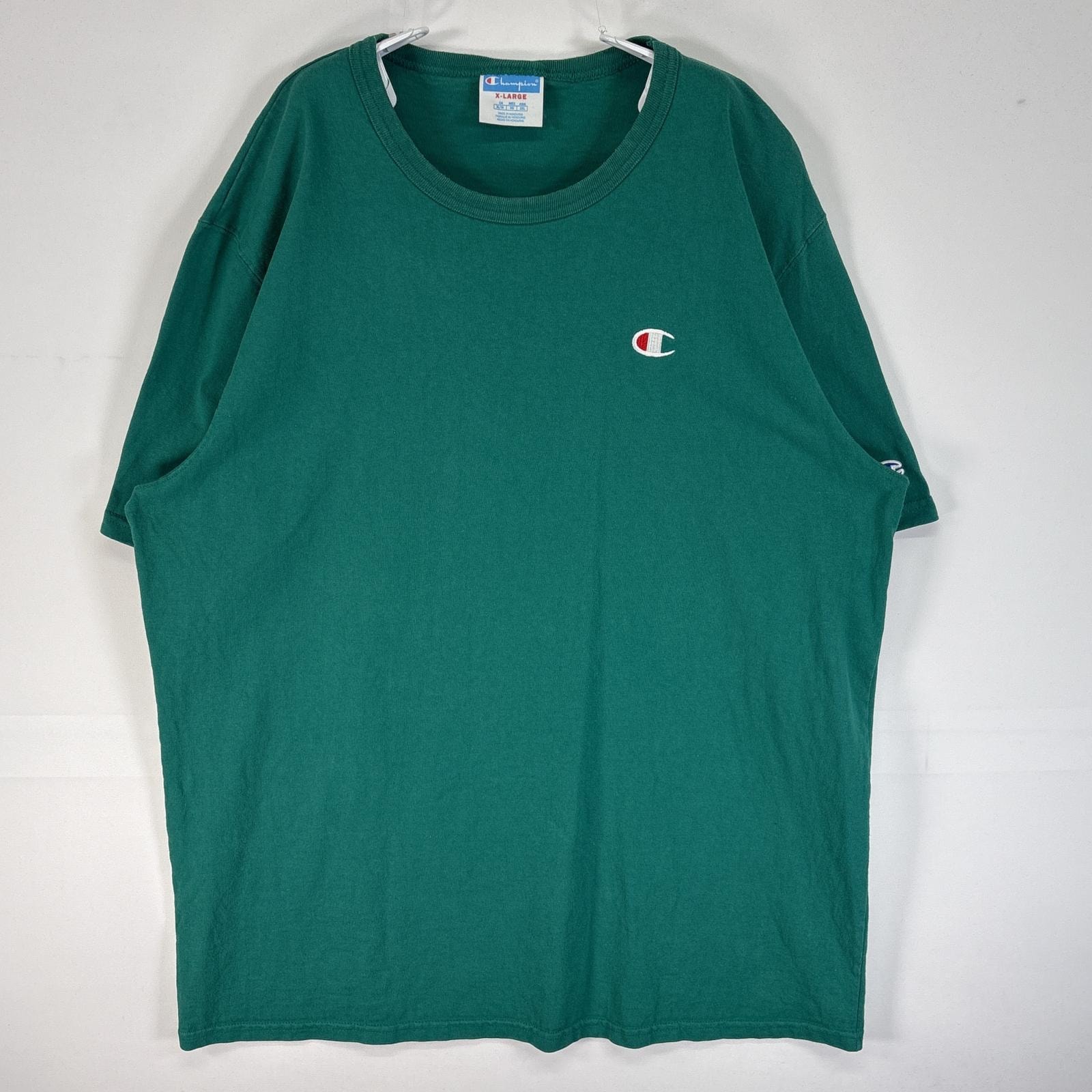 古着 チャンピオン Champion 半袖Tシャツ 大きいサイズ 肉厚 ワンポイント ロゴ クルーネック X-LARGE  グリーン 無地 メンズ