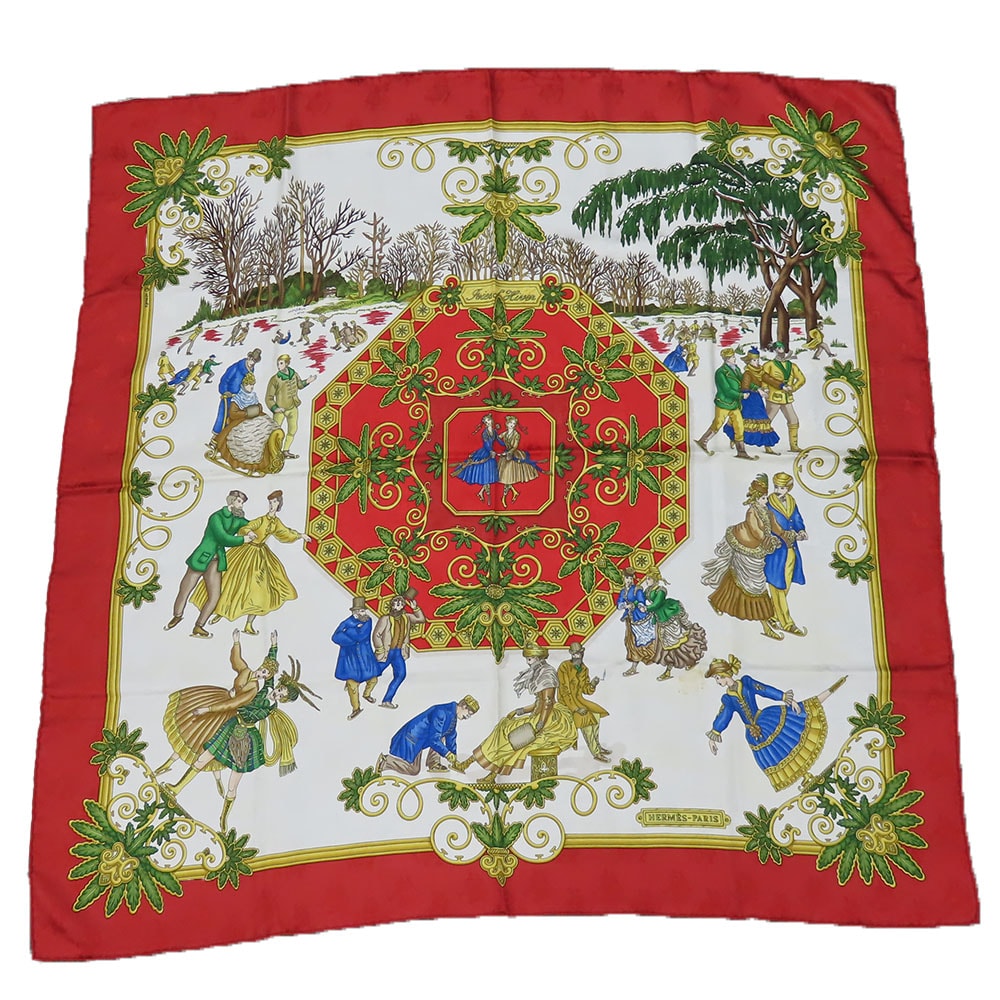 【中古】 エルメス スカーフ カレ90 Joies d'Hiver 冬の愉しみ シルク レッド アイボリー ゴールド 大判 おしゃれ レディース 女性 HERMES