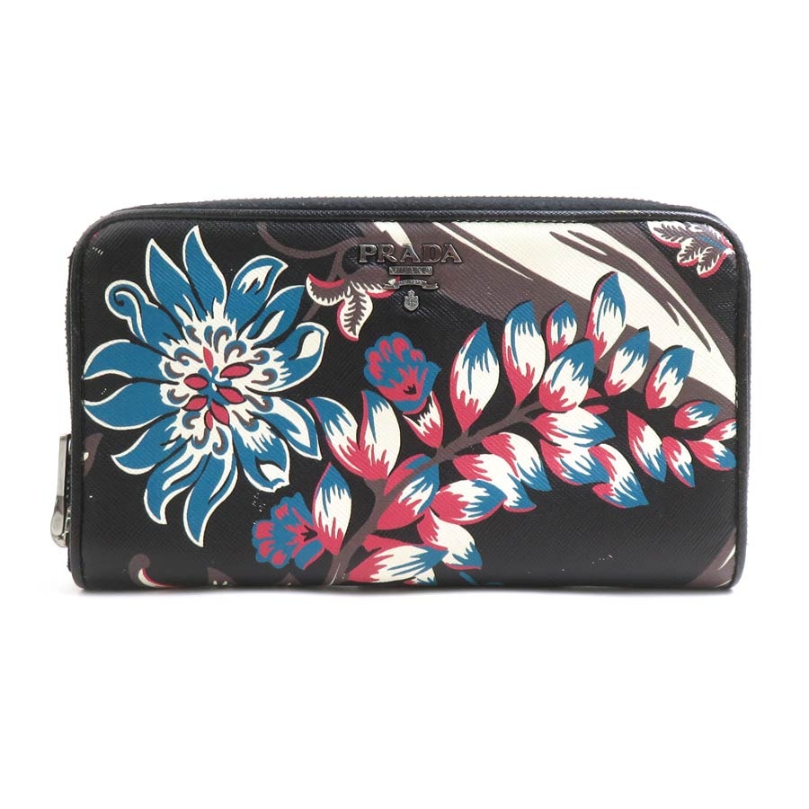 プラダ PRADA ラウンドファスナー長財布 レザー ブラック/マルチカラー ユニセックス 1M0506【中古】 h32341a