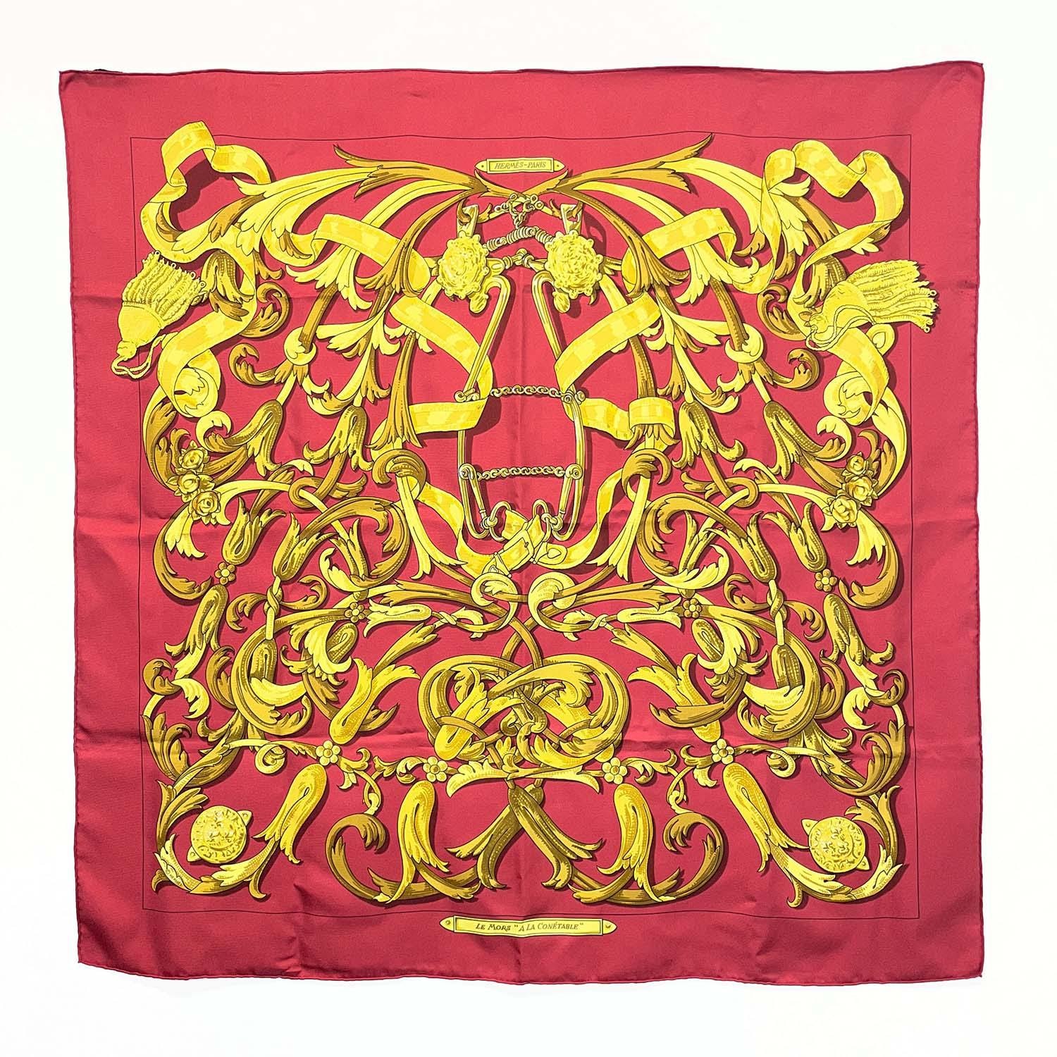 HERMES エルメス カレ90 LE MORS A LA CONETABLE 轡の気品 スカーフ
 シルク レッド ユニセックス
 【中古】