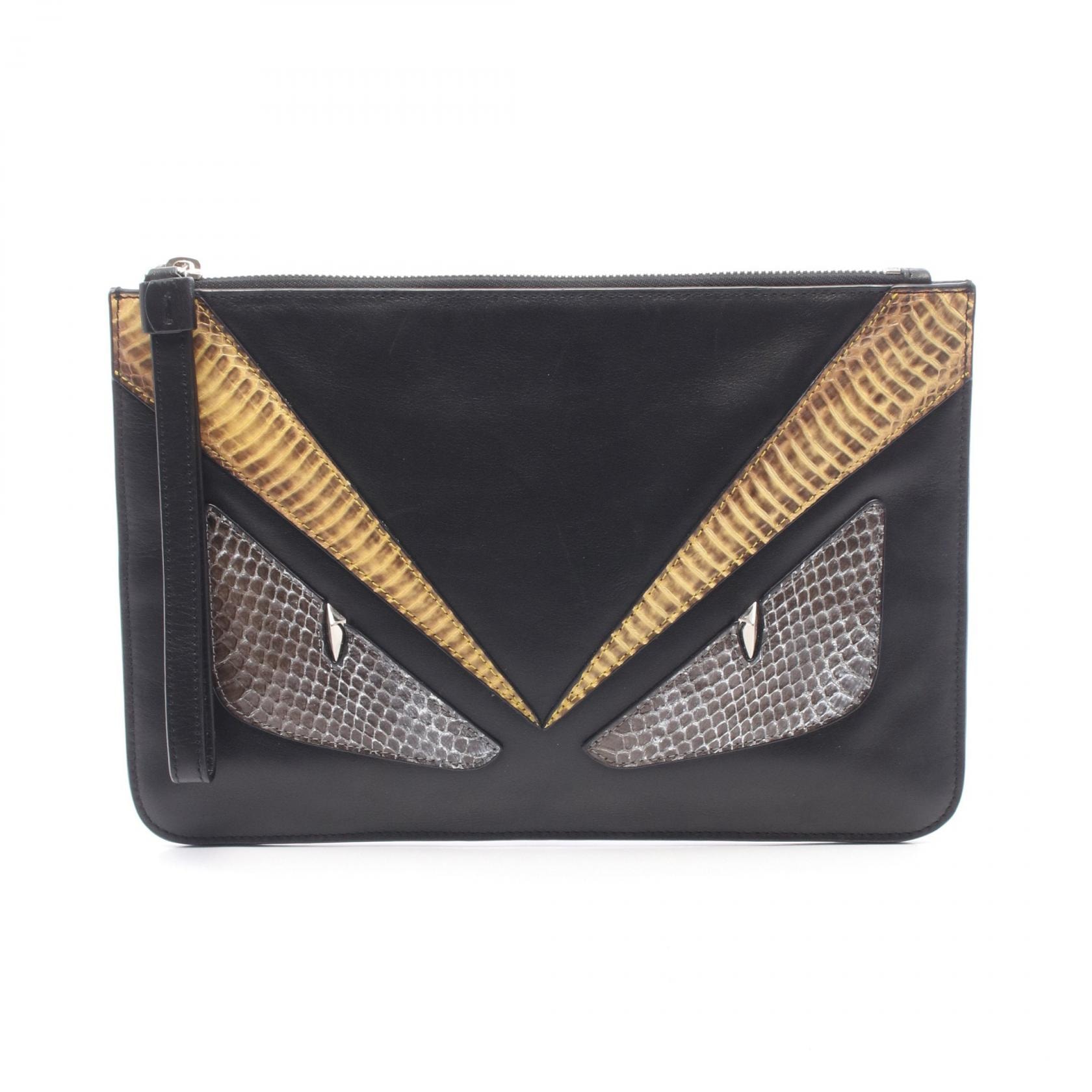 フェンディ FENDI バグズアイ モンスター セカンドバッグ クラッチバッグ バッグ ラムスキン(羊革) エキゾチックレザー レディース ブラック系 / ブラウン系 / マルチカラー 【中古】