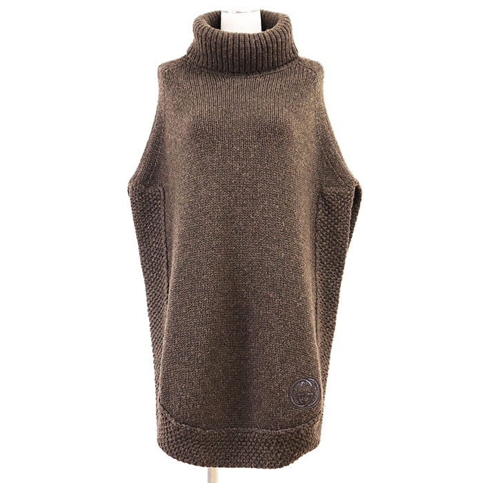 グッチ　レザーロゴパッチ　ハイネック　ニット　ポンチョ　ケープ　ブラウン my08201.jpg