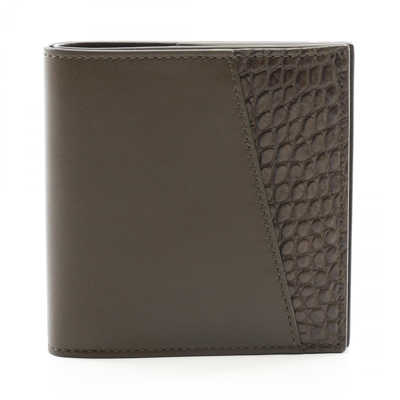 ボッテガヴェネタ BOTTEGA VENETA 二つ折り財布 財布 レザー エキゾチックレザー メンズ カーキ系 【中古】