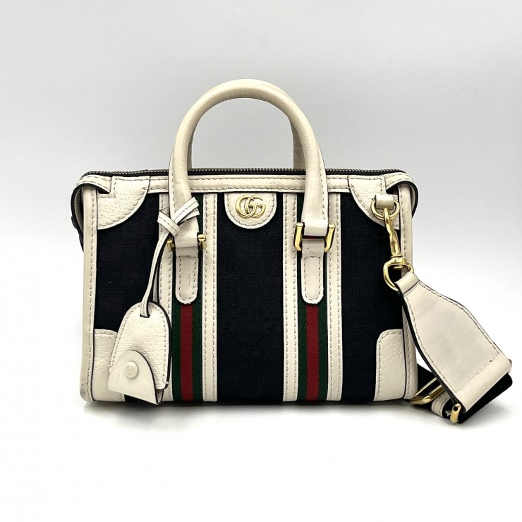 GUCCI(グッチ)スモールトップハンドルバッグ 2WAYショルダーバッグ シェリーライン GG柄 キャンバス レザー ホワイト ブラック レディース【中古】