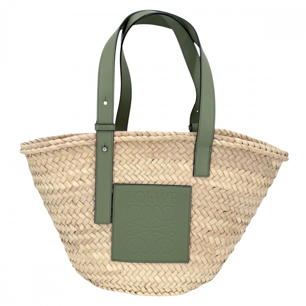 LOEWE ロエベ ハンドバッグ アナグラム バスケットバッグ バスケットバッグ かごバッグ ミディアム  パームリーフ  カーフレザー  ベージュ グリーン 緑 シルバー金具 レディース【中古品】