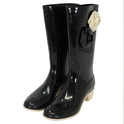 【渋谷並木橋店】CHANEL シャネル ブーツ レディース ロング レインブーツ カメリア ココマーク 黒 (ブラック)/白 (ホワイト) ラバー 24cm(#37) ゴールド金具 G26648 Aランク【中古】