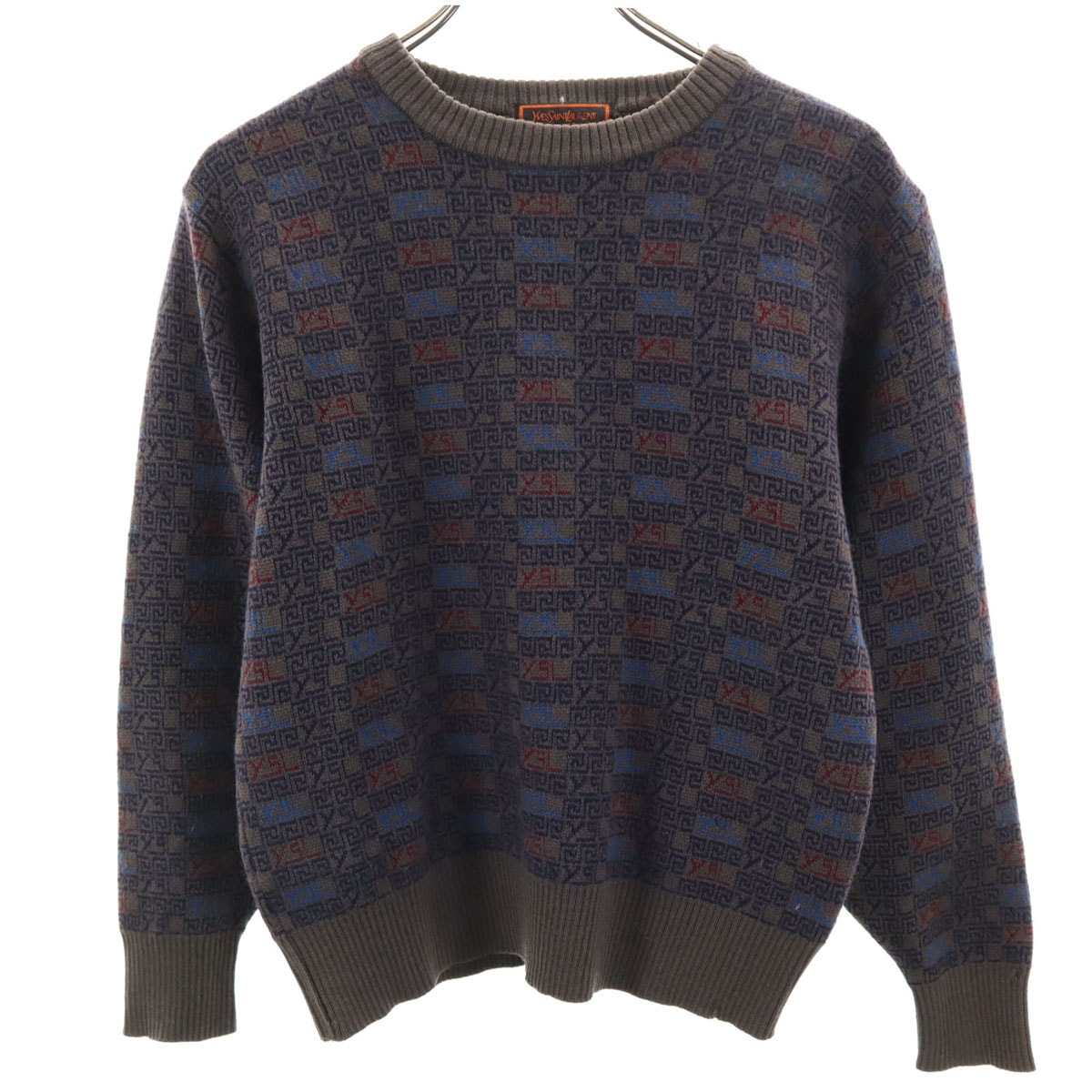 YVES SAINT LAURENT イヴサンローラン 90s ウール オールド 総柄 長袖 セーター S グレー系 ニット