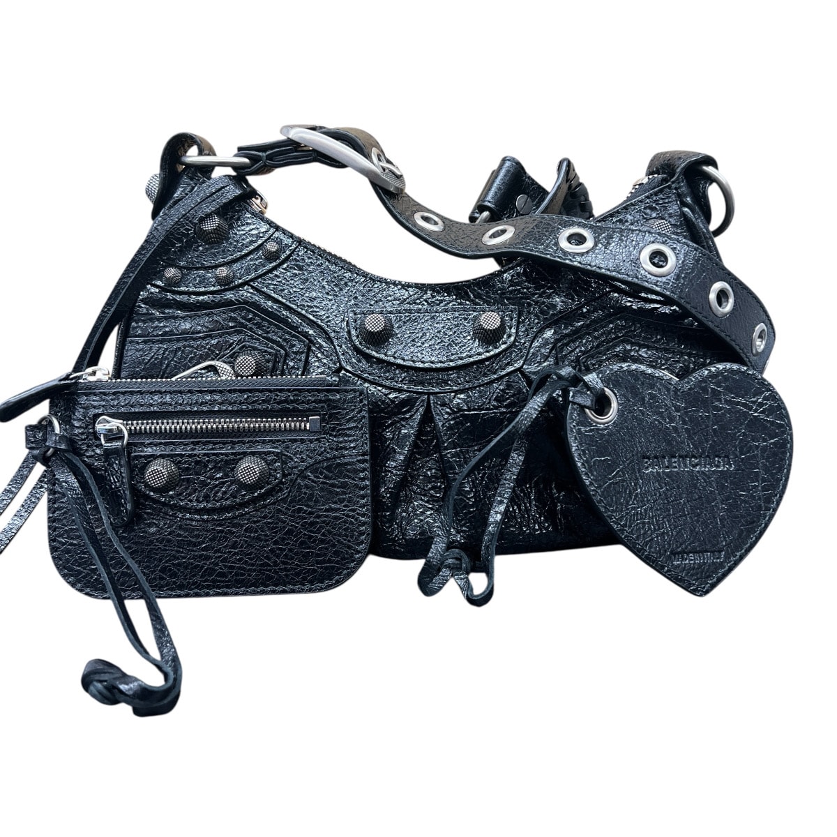BALENCIAGA 展示品級 バレンシアガ Le Cagole XS ショルダーバッグ 671309 レザー ブラック シルバー金具 クロスボディ ポシェット スタッズ ハート ミラー・ポーチ付属 Y2K SAランク 中古 鑑定済 バレンシアガバッグ